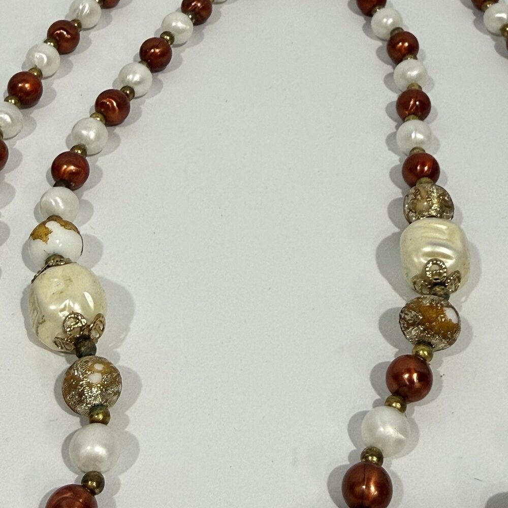 Vintage CORO Signed Faux Pearl Beaded Long Layering Necklace Cream Brown Gold - Picture 11 of 16